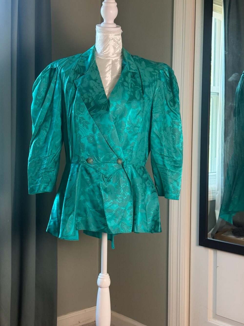 Vintage 80s Good Times Teal Satin Jacquard Peplum Blazer Top Size 14 Puff Sleeve